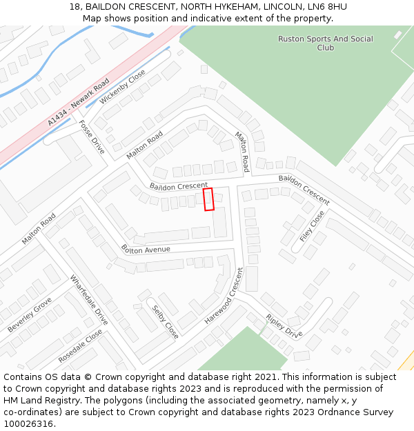 18, BAILDON CRESCENT, NORTH HYKEHAM, LINCOLN, LN6 8HU: Location map and indicative extent of plot