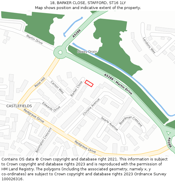 18, BARKER CLOSE, STAFFORD, ST16 1LY: Location map and indicative extent of plot