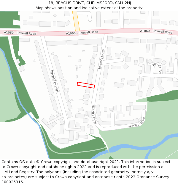 18, BEACHS DRIVE, CHELMSFORD, CM1 2NJ: Location map and indicative extent of plot