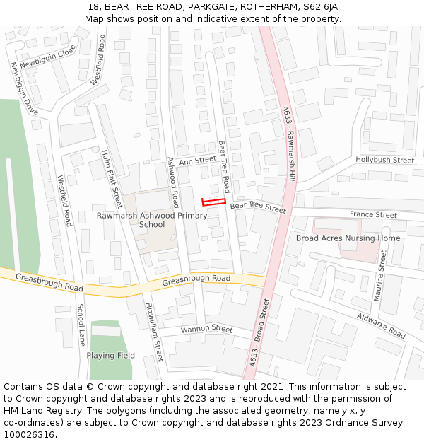 18, BEAR TREE ROAD, PARKGATE, ROTHERHAM, S62 6JA: Location map and indicative extent of plot