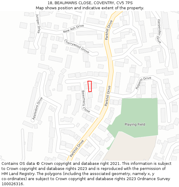 18, BEAUMARIS CLOSE, COVENTRY, CV5 7PS: Location map and indicative extent of plot