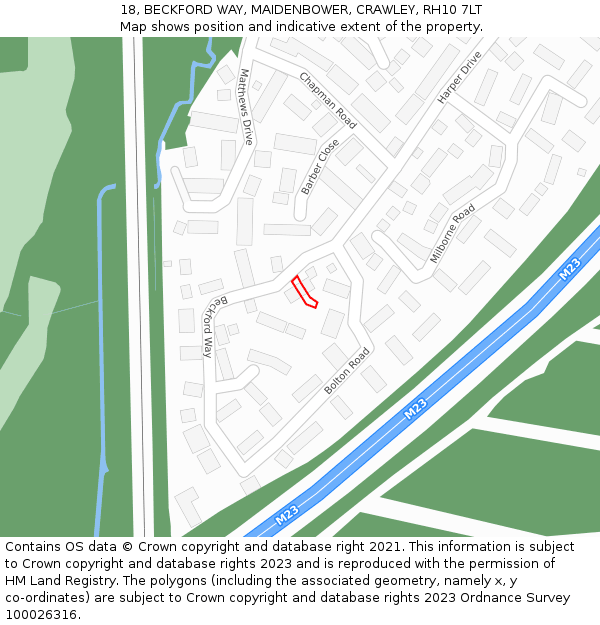 18, BECKFORD WAY, MAIDENBOWER, CRAWLEY, RH10 7LT: Location map and indicative extent of plot