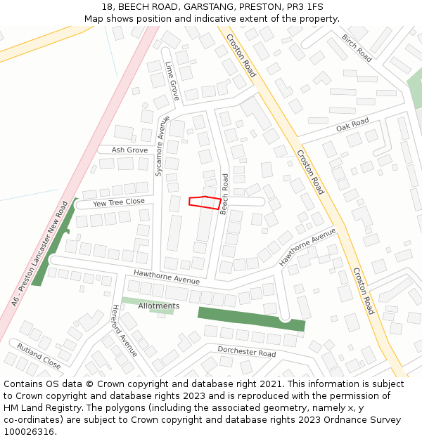 18, BEECH ROAD, GARSTANG, PRESTON, PR3 1FS: Location map and indicative extent of plot