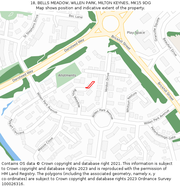 18, BELLS MEADOW, WILLEN PARK, MILTON KEYNES, MK15 9DG: Location map and indicative extent of plot