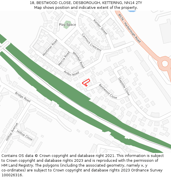 18, BESTWOOD CLOSE, DESBOROUGH, KETTERING, NN14 2TY: Location map and indicative extent of plot