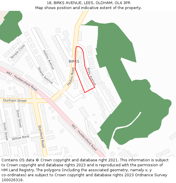 18, BIRKS AVENUE, LEES, OLDHAM, OL4 3PR: Location map and indicative extent of plot