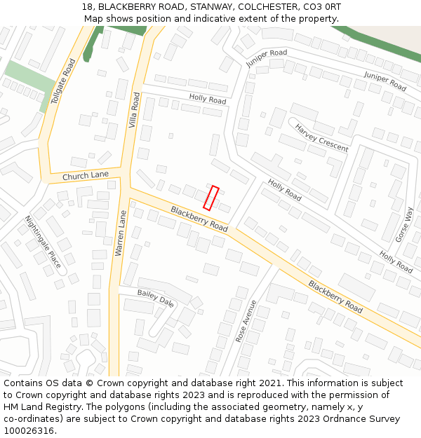 18, BLACKBERRY ROAD, STANWAY, COLCHESTER, CO3 0RT: Location map and indicative extent of plot