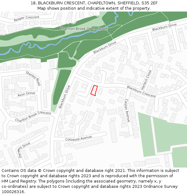 18, BLACKBURN CRESCENT, CHAPELTOWN, SHEFFIELD, S35 2EF: Location map and indicative extent of plot