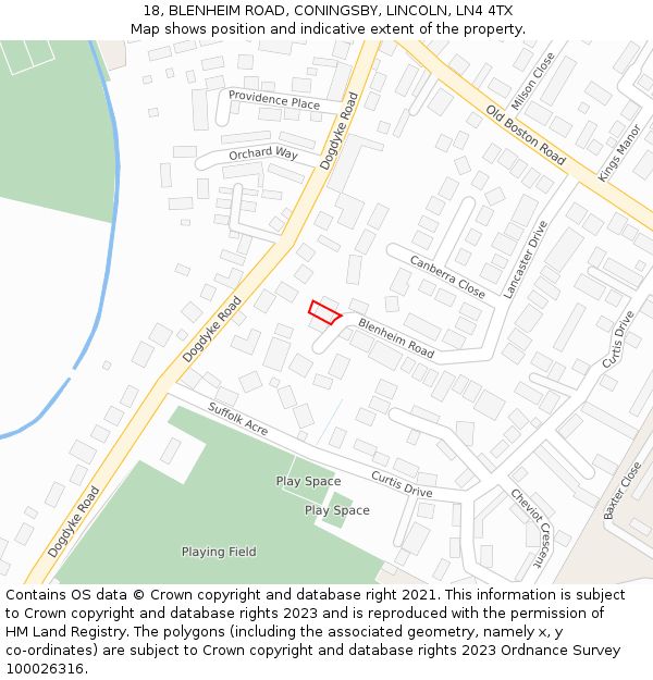 18, BLENHEIM ROAD, CONINGSBY, LINCOLN, LN4 4TX: Location map and indicative extent of plot