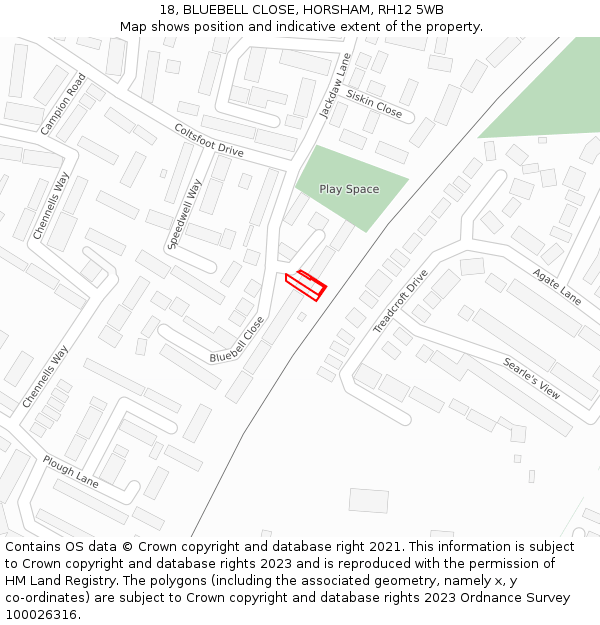 18, BLUEBELL CLOSE, HORSHAM, RH12 5WB: Location map and indicative extent of plot