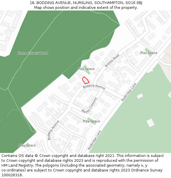 18, BODDING AVENUE, NURSLING, SOUTHAMPTON, SO16 0BJ: Location map and indicative extent of plot