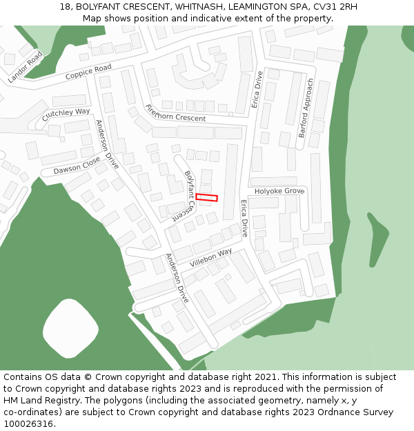18, BOLYFANT CRESCENT, WHITNASH, LEAMINGTON SPA, CV31 2RH: Location map and indicative extent of plot