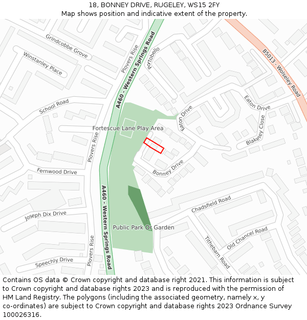 18, BONNEY DRIVE, RUGELEY, WS15 2FY: Location map and indicative extent of plot