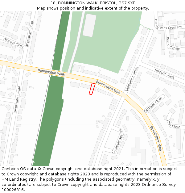 18, BONNINGTON WALK, BRISTOL, BS7 9XE: Location map and indicative extent of plot