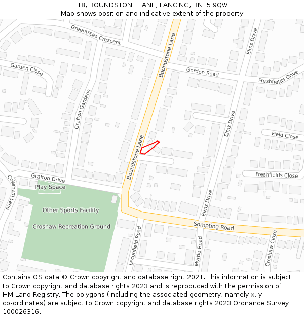 18, BOUNDSTONE LANE, LANCING, BN15 9QW: Location map and indicative extent of plot
