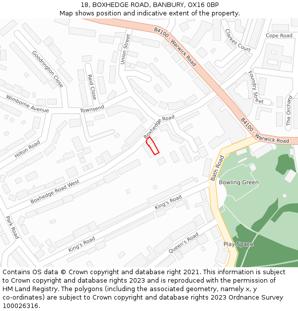 18, BOXHEDGE ROAD, BANBURY, OX16 0BP: Location map and indicative extent of plot