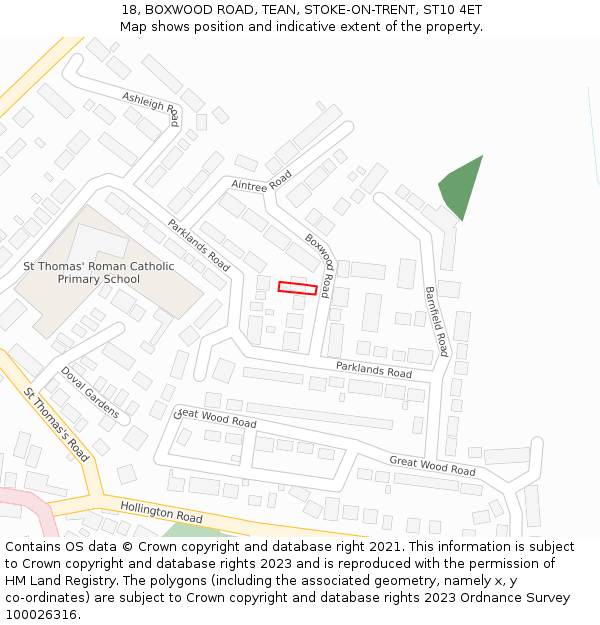18, BOXWOOD ROAD, TEAN, STOKE-ON-TRENT, ST10 4ET: Location map and indicative extent of plot