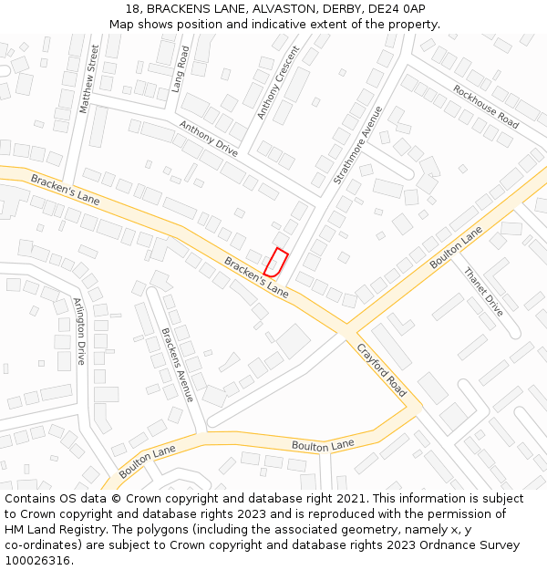 18, BRACKENS LANE, ALVASTON, DERBY, DE24 0AP: Location map and indicative extent of plot
