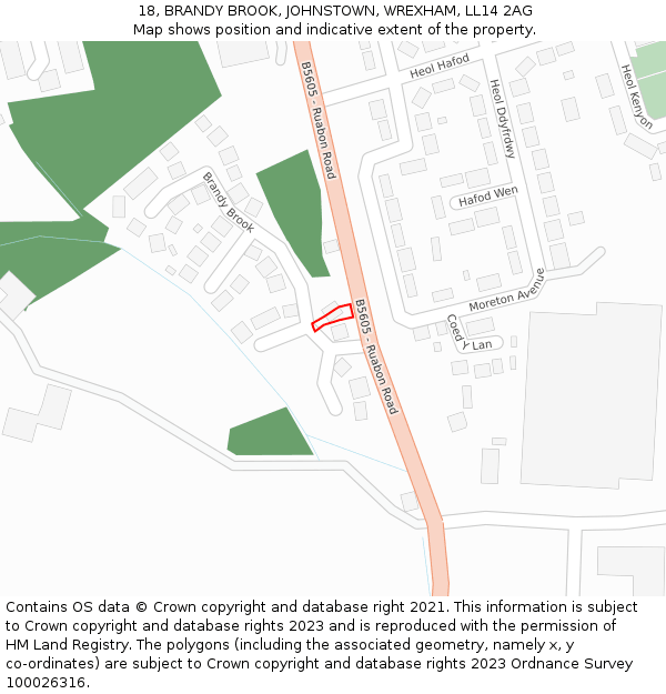 18, BRANDY BROOK, JOHNSTOWN, WREXHAM, LL14 2AG: Location map and indicative extent of plot
