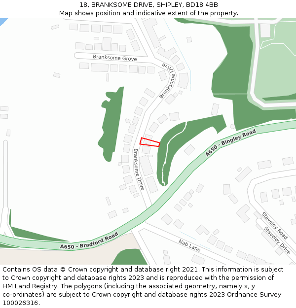 18, BRANKSOME DRIVE, SHIPLEY, BD18 4BB: Location map and indicative extent of plot