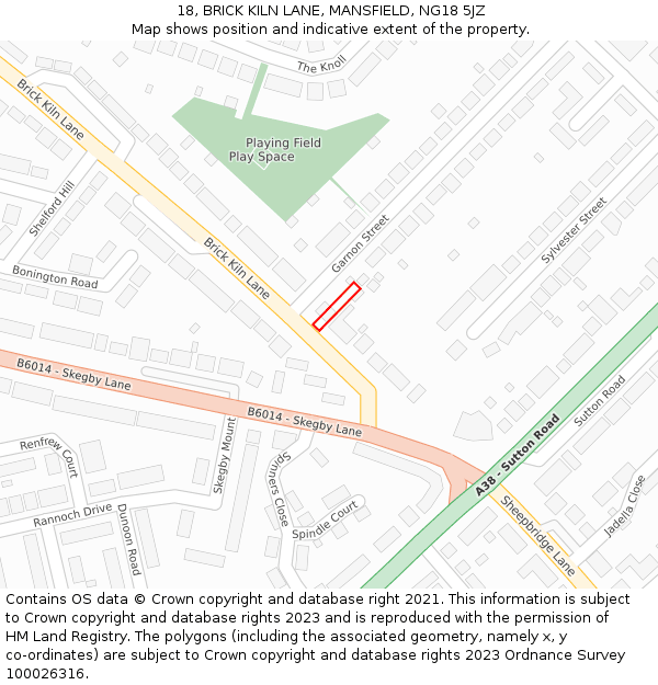 18, BRICK KILN LANE, MANSFIELD, NG18 5JZ: Location map and indicative extent of plot