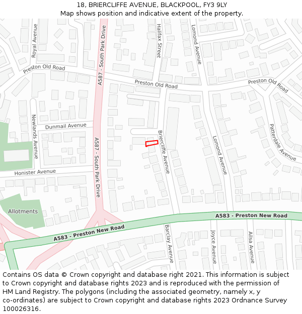 18, BRIERCLIFFE AVENUE, BLACKPOOL, FY3 9LY: Location map and indicative extent of plot