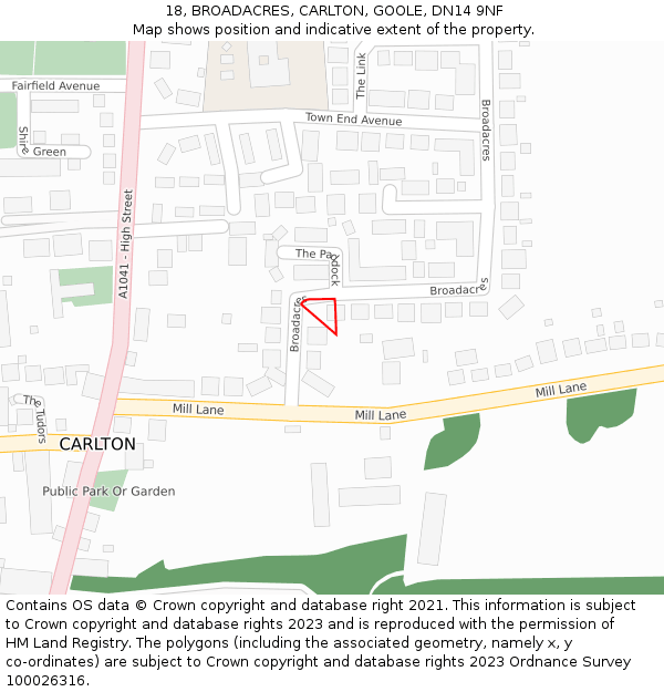 18, BROADACRES, CARLTON, GOOLE, DN14 9NF: Location map and indicative extent of plot