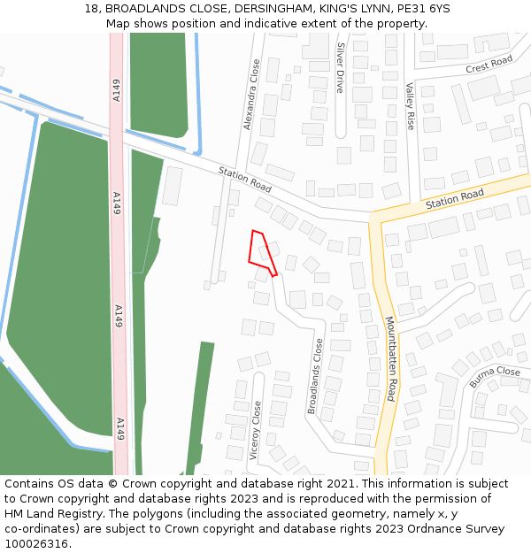 18, BROADLANDS CLOSE, DERSINGHAM, KING'S LYNN, PE31 6YS: Location map and indicative extent of plot