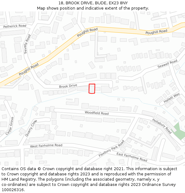 18, BROOK DRIVE, BUDE, EX23 8NY: Location map and indicative extent of plot