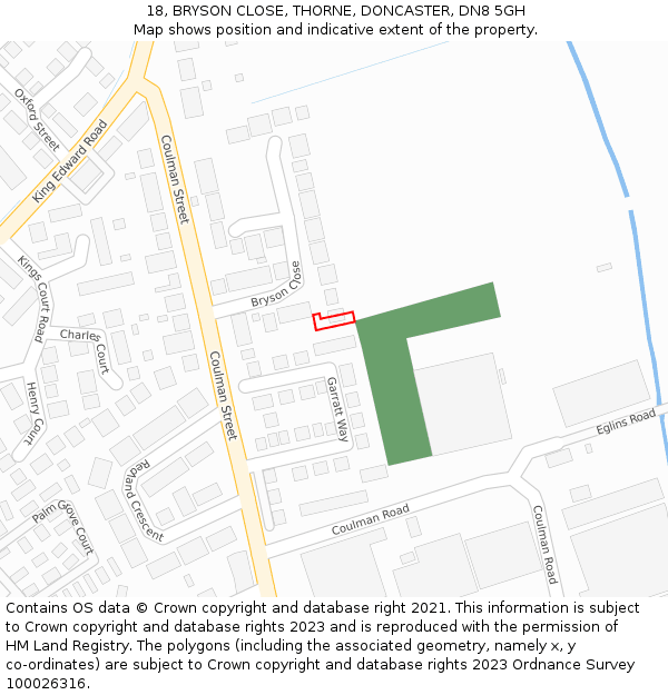 18, BRYSON CLOSE, THORNE, DONCASTER, DN8 5GH: Location map and indicative extent of plot