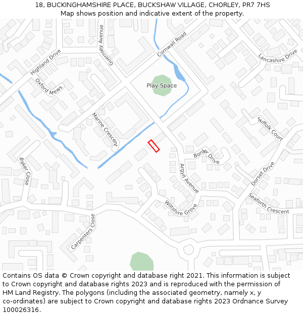 18, BUCKINGHAMSHIRE PLACE, BUCKSHAW VILLAGE, CHORLEY, PR7 7HS: Location map and indicative extent of plot