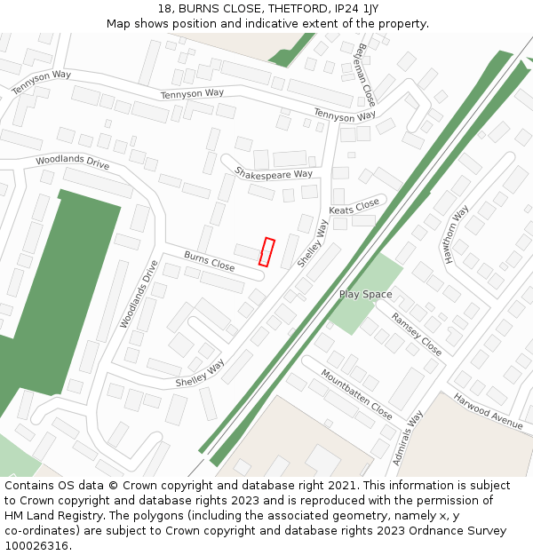 18, BURNS CLOSE, THETFORD, IP24 1JY: Location map and indicative extent of plot