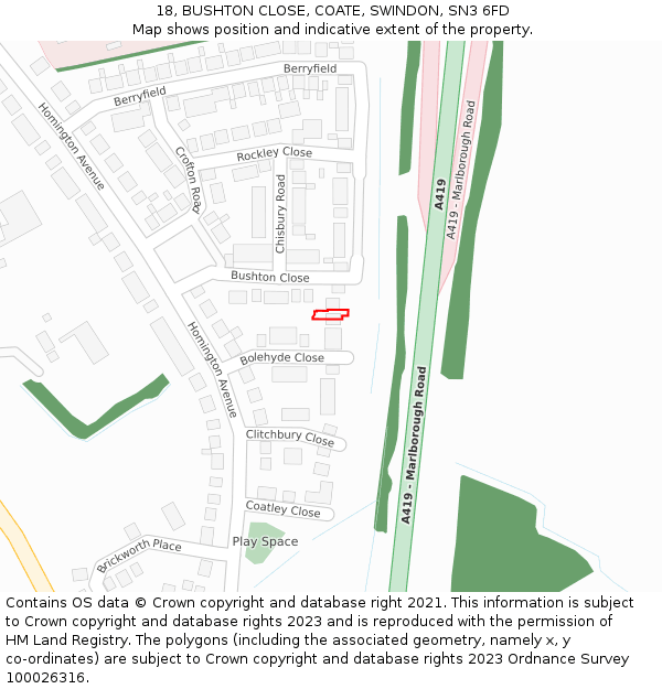 18, BUSHTON CLOSE, COATE, SWINDON, SN3 6FD: Location map and indicative extent of plot