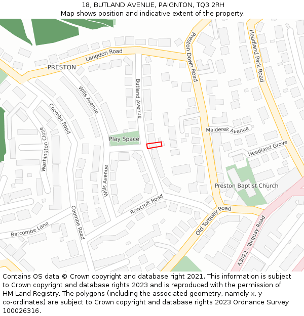 18, BUTLAND AVENUE, PAIGNTON, TQ3 2RH: Location map and indicative extent of plot