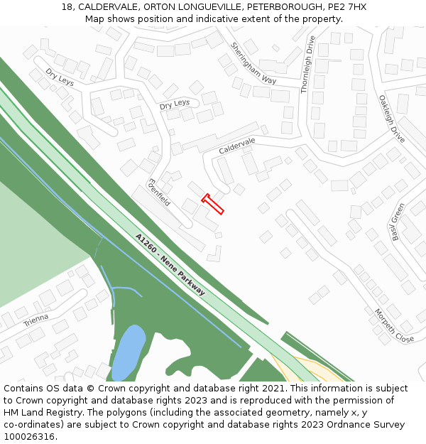 18, CALDERVALE, ORTON LONGUEVILLE, PETERBOROUGH, PE2 7HX: Location map and indicative extent of plot