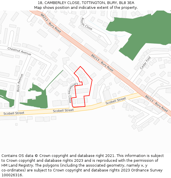 18, CAMBERLEY CLOSE, TOTTINGTON, BURY, BL8 3EA: Location map and indicative extent of plot