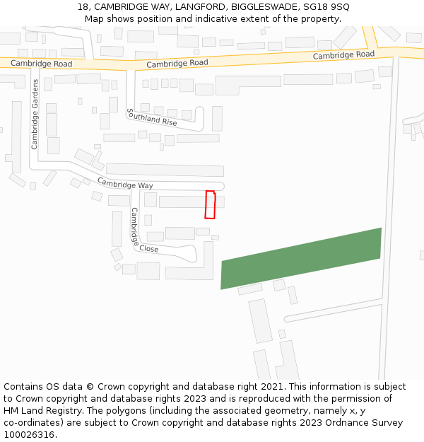 18, CAMBRIDGE WAY, LANGFORD, BIGGLESWADE, SG18 9SQ: Location map and indicative extent of plot