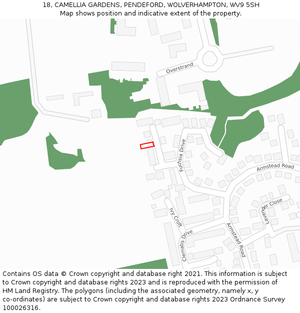 18, CAMELLIA GARDENS, PENDEFORD, WOLVERHAMPTON, WV9 5SH: Location map and indicative extent of plot