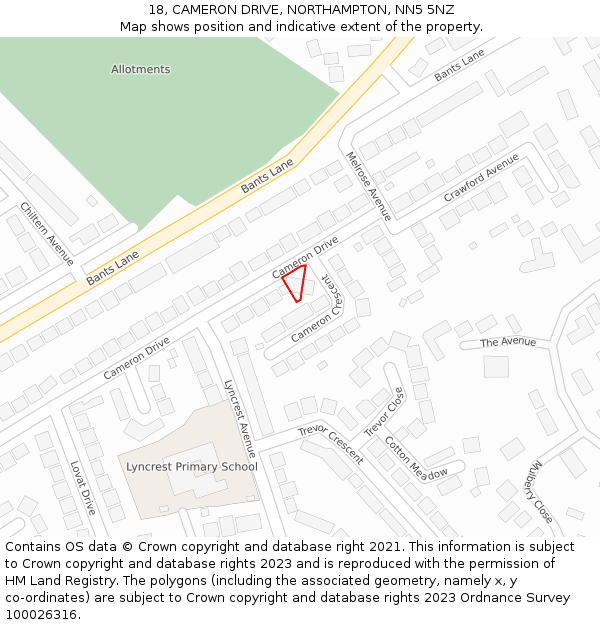 18, CAMERON DRIVE, NORTHAMPTON, NN5 5NZ: Location map and indicative extent of plot