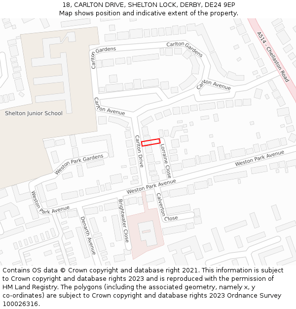18, CARLTON DRIVE, SHELTON LOCK, DERBY, DE24 9EP: Location map and indicative extent of plot