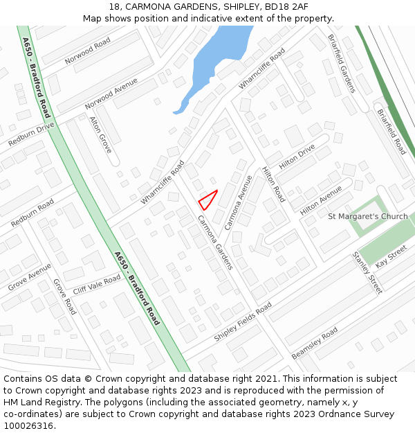 18, CARMONA GARDENS, SHIPLEY, BD18 2AF: Location map and indicative extent of plot