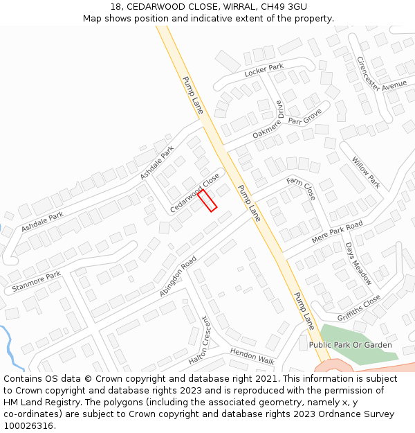 18, CEDARWOOD CLOSE, WIRRAL, CH49 3GU: Location map and indicative extent of plot