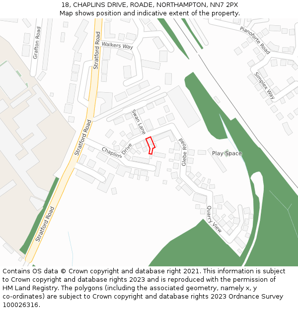 18, CHAPLINS DRIVE, ROADE, NORTHAMPTON, NN7 2PX: Location map and indicative extent of plot