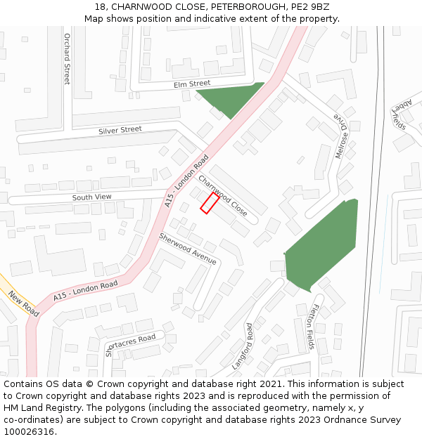 18, CHARNWOOD CLOSE, PETERBOROUGH, PE2 9BZ: Location map and indicative extent of plot