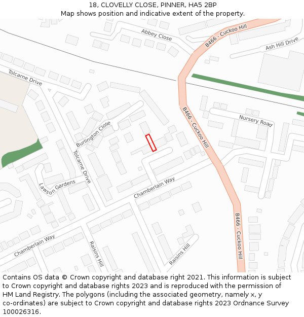 18, CLOVELLY CLOSE, PINNER, HA5 2BP: Location map and indicative extent of plot