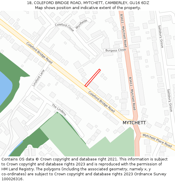 18, COLEFORD BRIDGE ROAD, MYTCHETT, CAMBERLEY, GU16 6DZ: Location map and indicative extent of plot