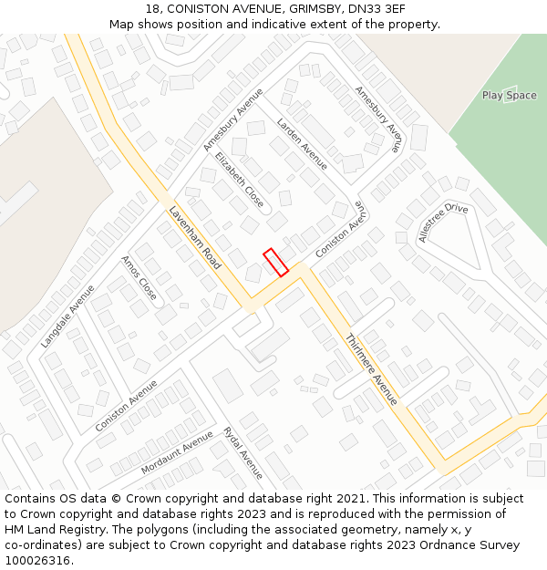 18, CONISTON AVENUE, GRIMSBY, DN33 3EF: Location map and indicative extent of plot
