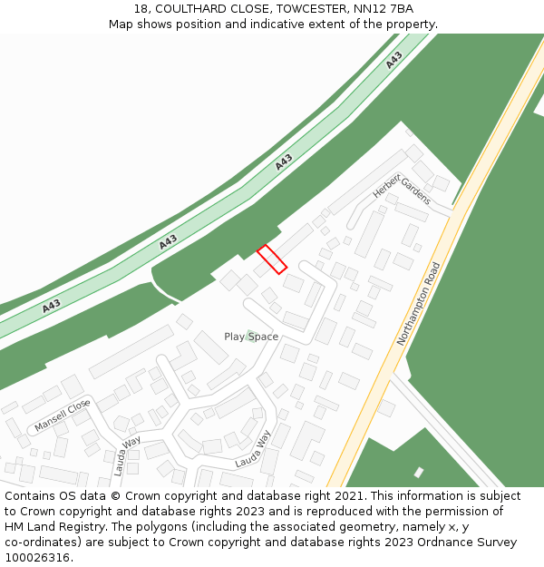 18, COULTHARD CLOSE, TOWCESTER, NN12 7BA: Location map and indicative extent of plot