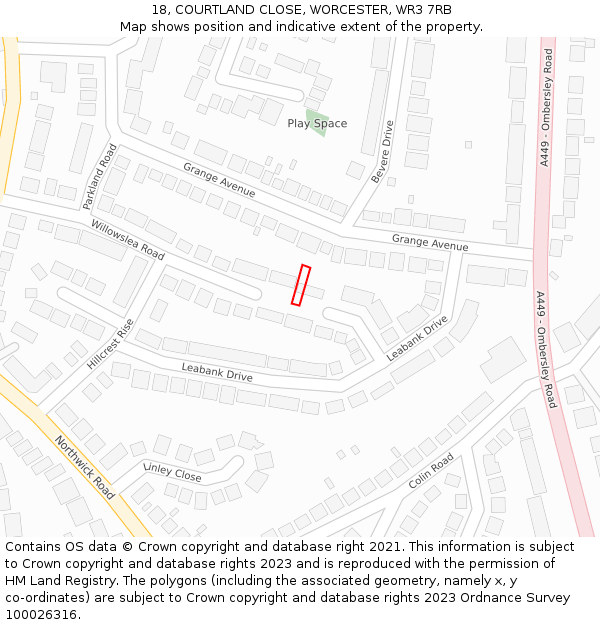 18, COURTLAND CLOSE, WORCESTER, WR3 7RB: Location map and indicative extent of plot