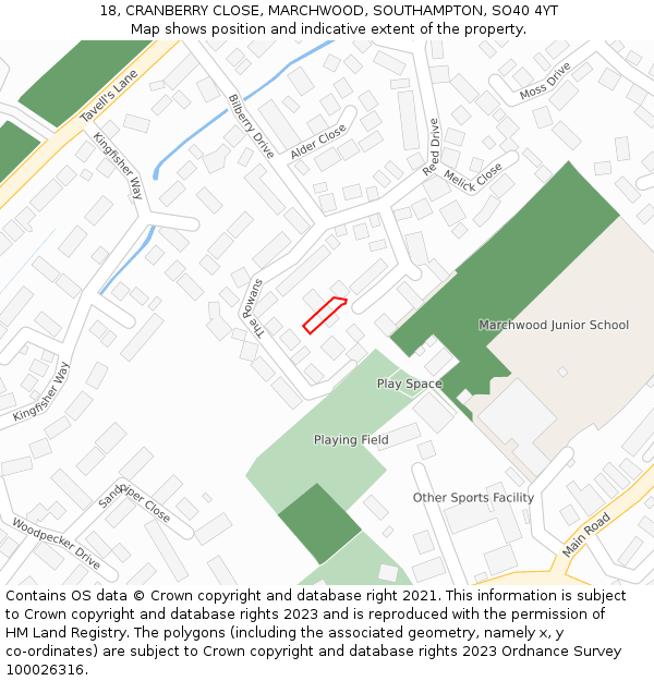 18, CRANBERRY CLOSE, MARCHWOOD, SOUTHAMPTON, SO40 4YT: Location map and indicative extent of plot